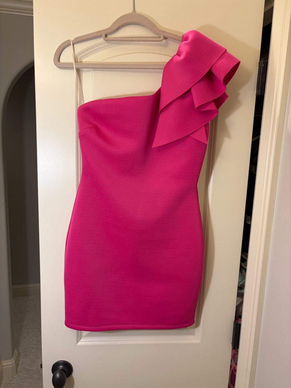 One-Shoulder Hot Pink Ruffle Mini Dress - Picture 2 of 4